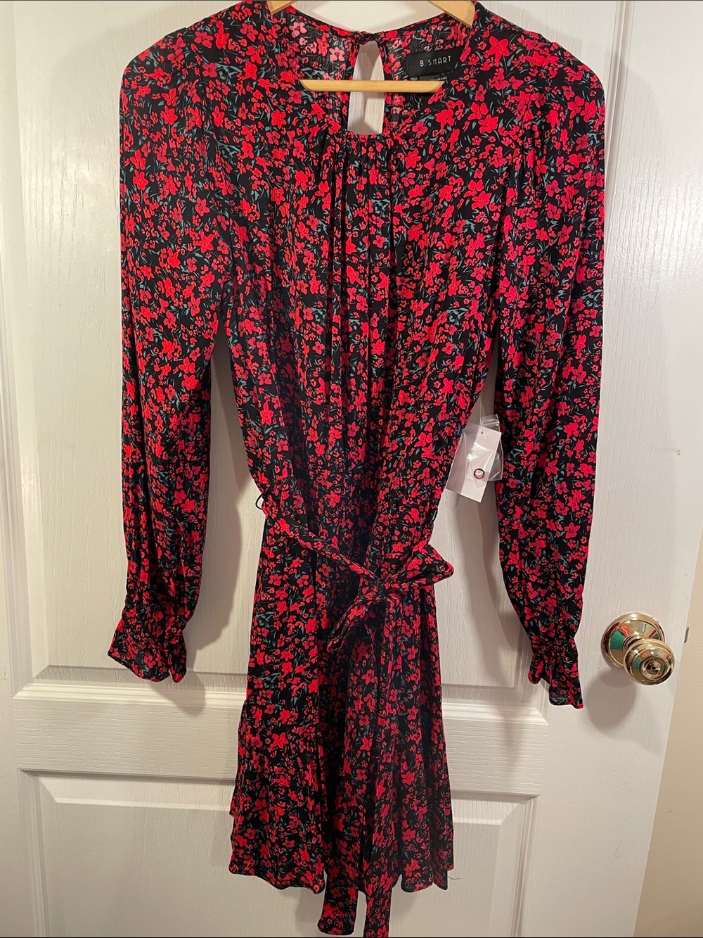 B. Smart Black Dress with Red Floral Print - Long Sleeve